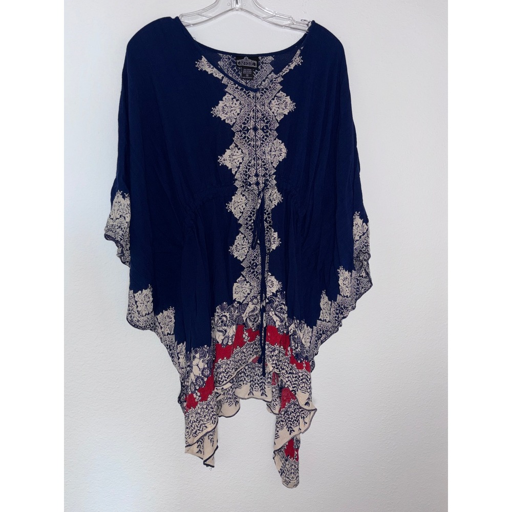 Angie Womens Navy Blue Medallion Print‎ Kaftan Top Kimono Sleeve Boho Blouse M